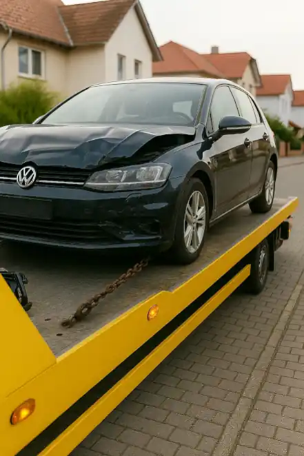Ein defektes Auto wird in Paderborn abgeschleppt, als Teil des unkomplizierten Autoankaufsprozesses.